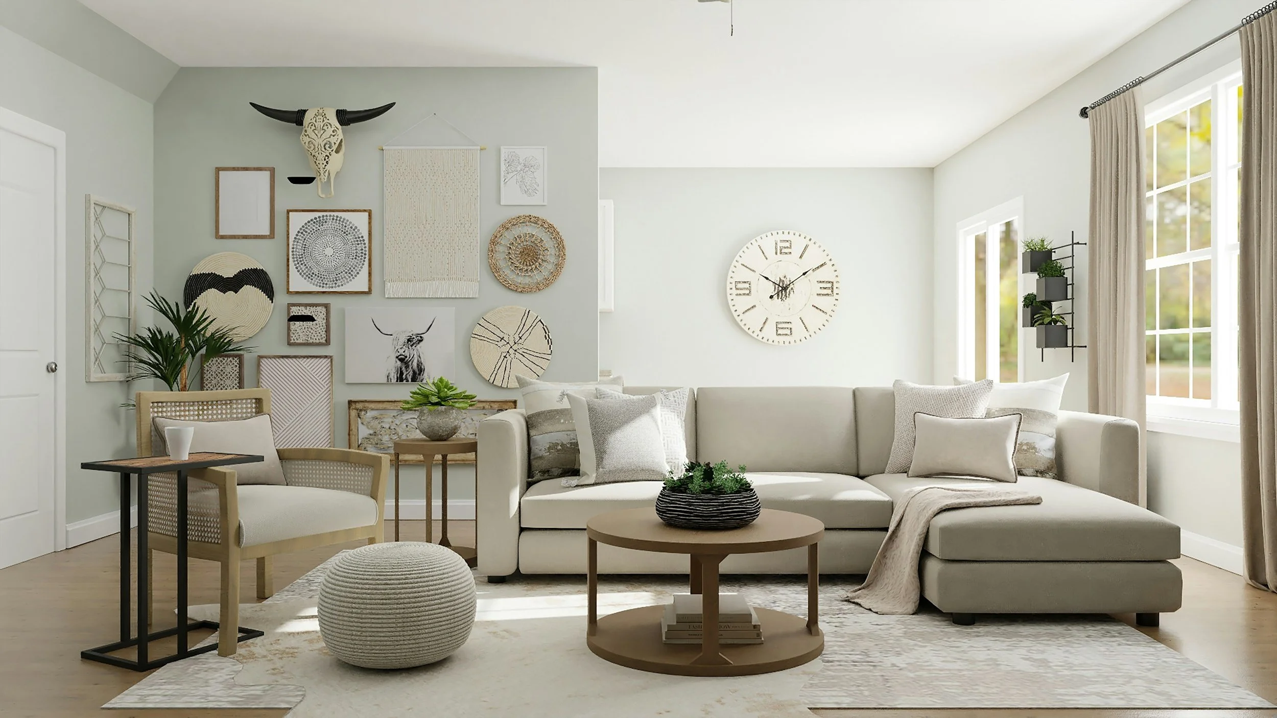 Bright living room with a sofa, coffee table, and gallery wall with artwork and decor, large windows with curtains, and a wall clock.