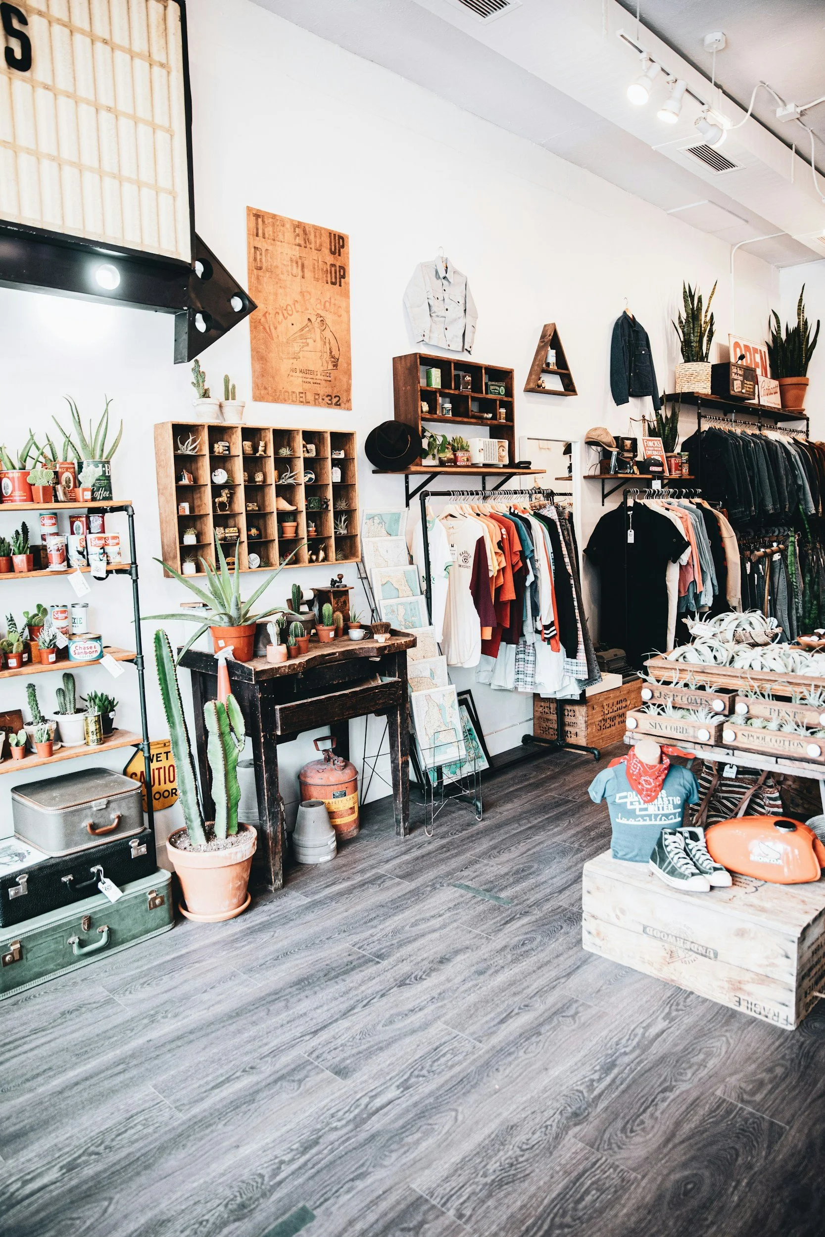 Interior of a retail clothing store with clothing racks, shelves of potted plants, vintage suitcases, and decorative items, featuring a wooden floor and white walls with framed art and decorative signage.