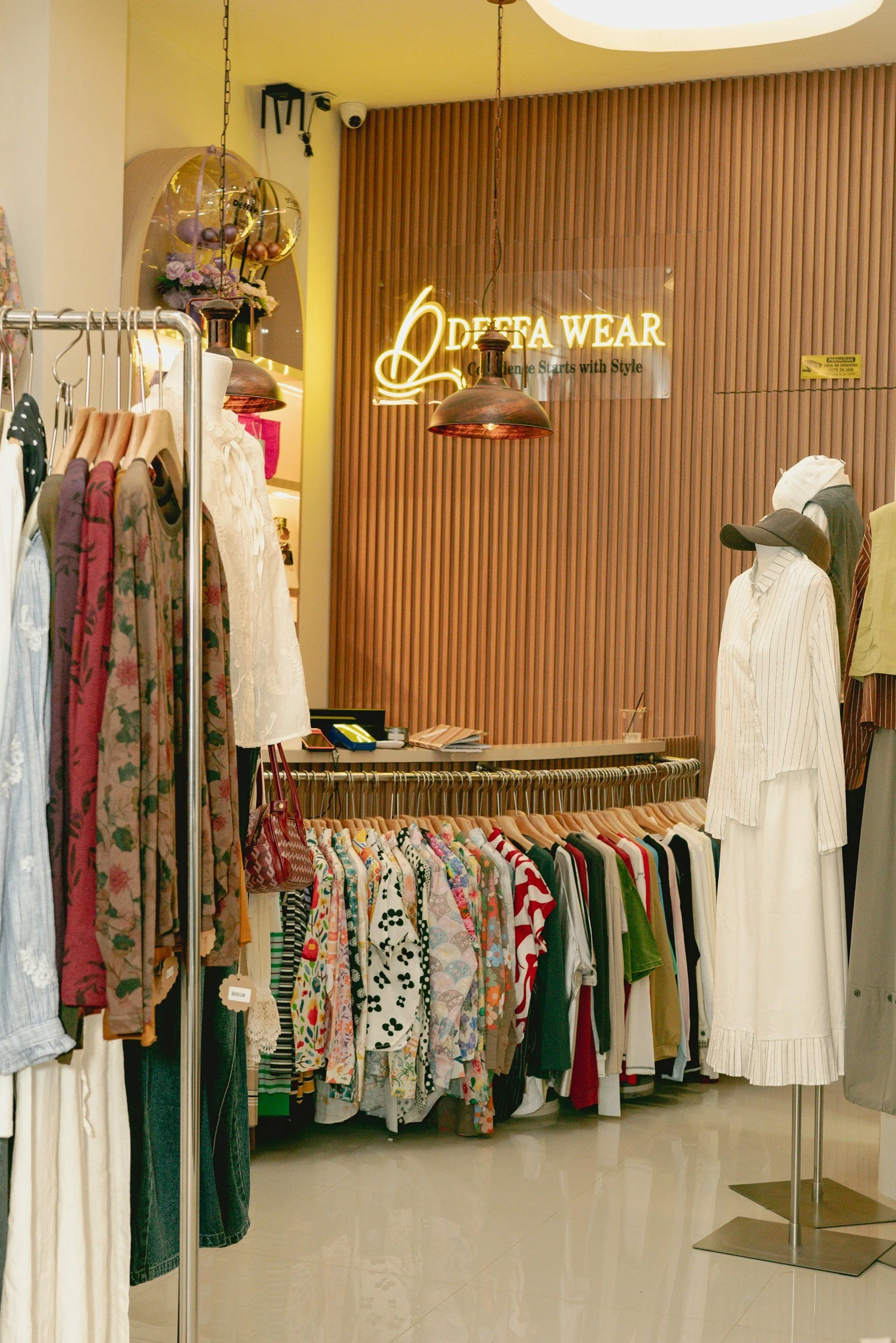 Clothing store display with racks of dresses and shirts, a mannequin wearing a white striped dress and hat, illuminated signage reading 'LDEFA WEAR,' and wooden paneling.