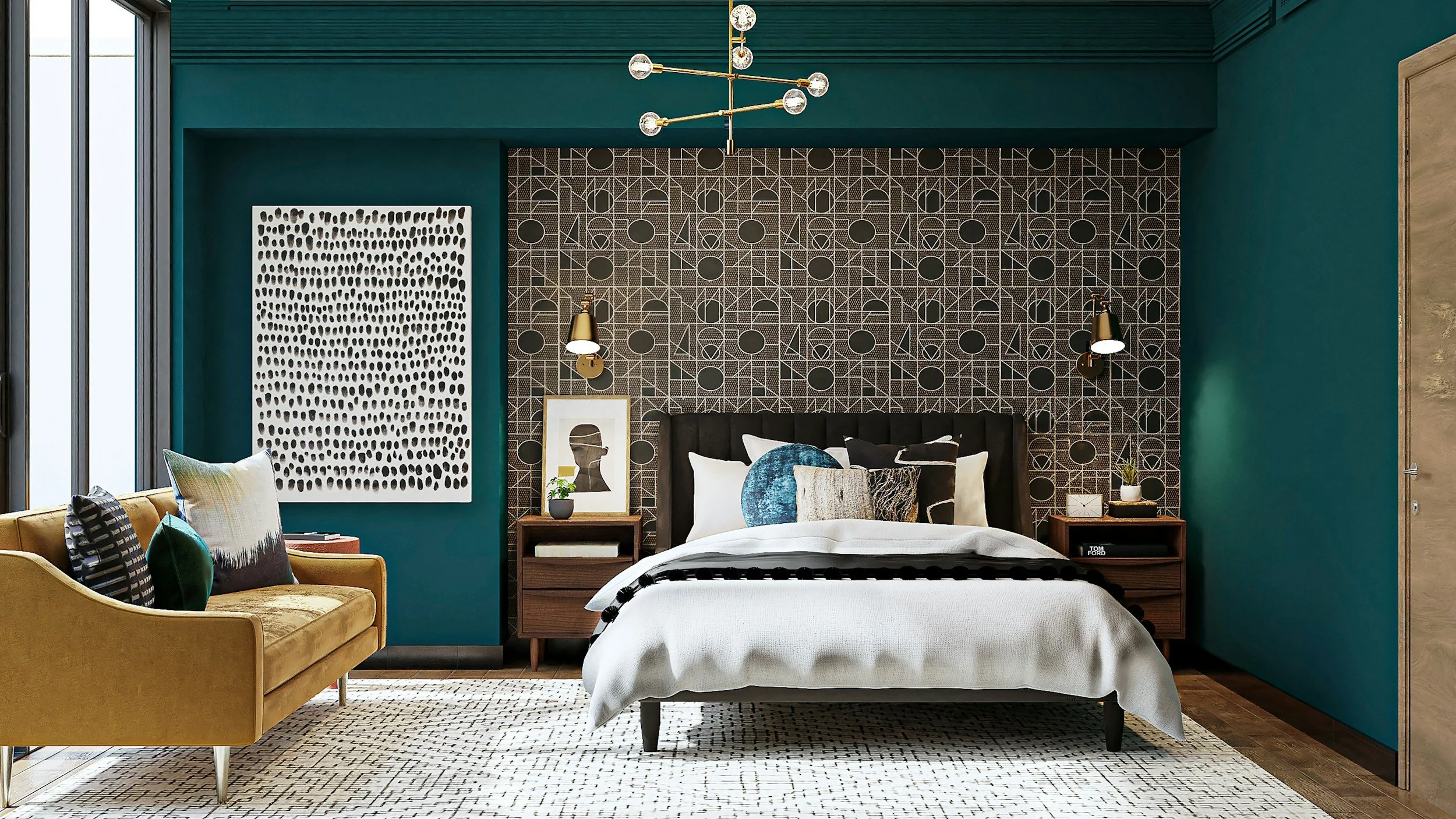 Modern bedroom with teal walls, geometric patterned accent wall behind the bed, and a gold chandelier. The bed has white linens and assorted decorative pillows. To the left, a yellow velvet sofa with patterned pillows is visible. There are two wall sconces above the bedside tables. The room features unique wall art, plants, and a mix of textures.