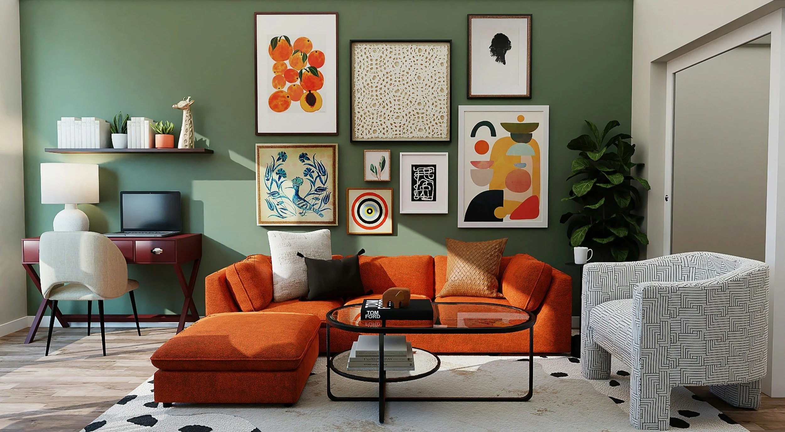 Living room with green accent wall, modern art gallery, orange sofa, black coffee table, patterned white chair, and decorative plants.