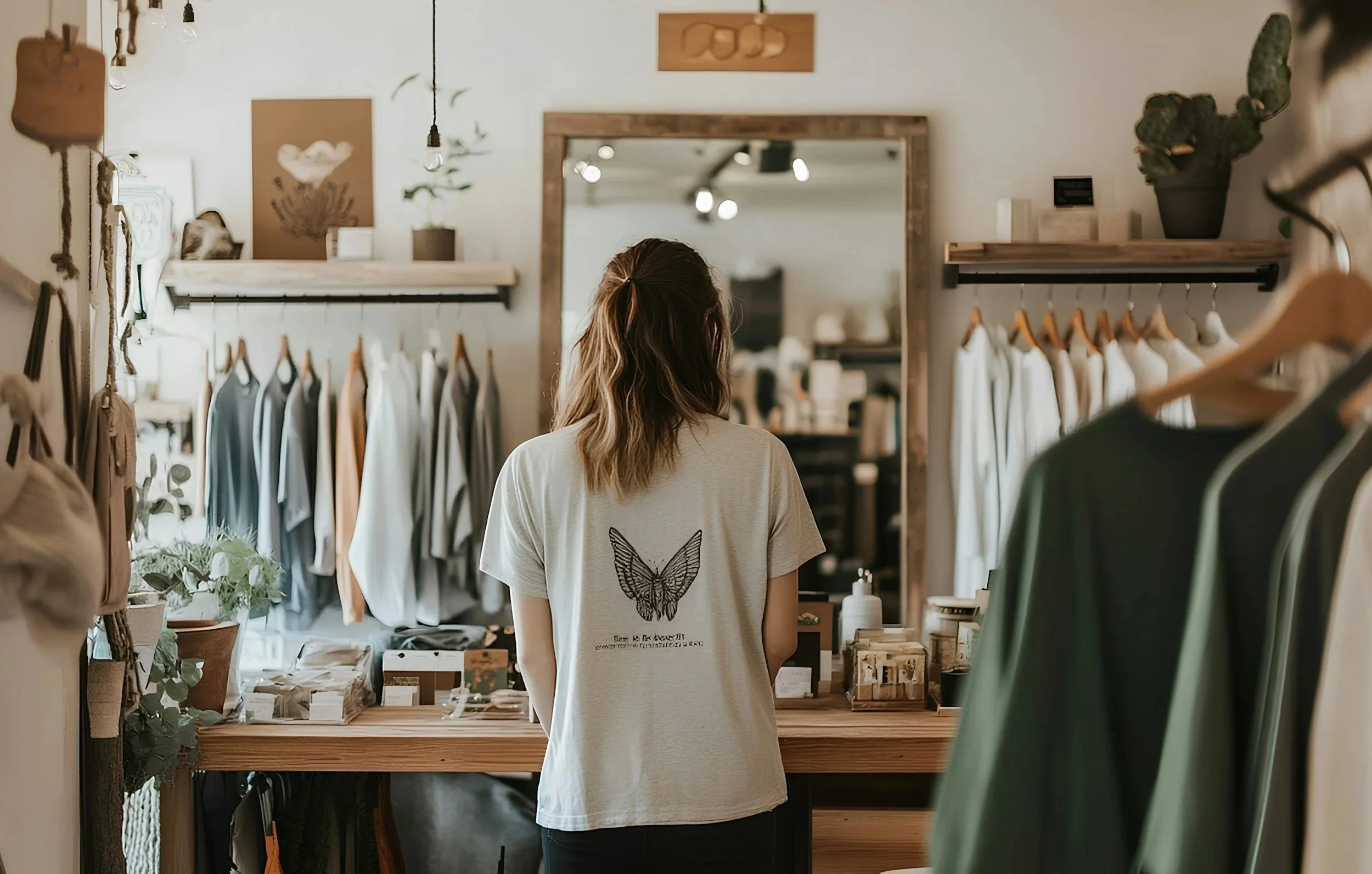 A woman with long, wavy hair wearing a beige T-shirt with a butterfly print on the back looks at clothing and accessories in a boutique store with wooden shelves and a large mirror.