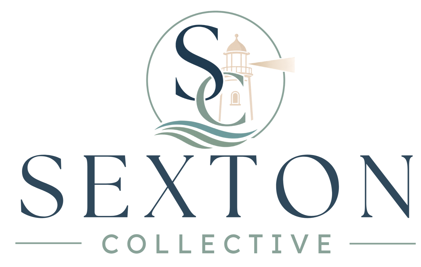 Logo of a lighthouse with ocean waves and a large S shape, with the word 'SEXTON' underneath.