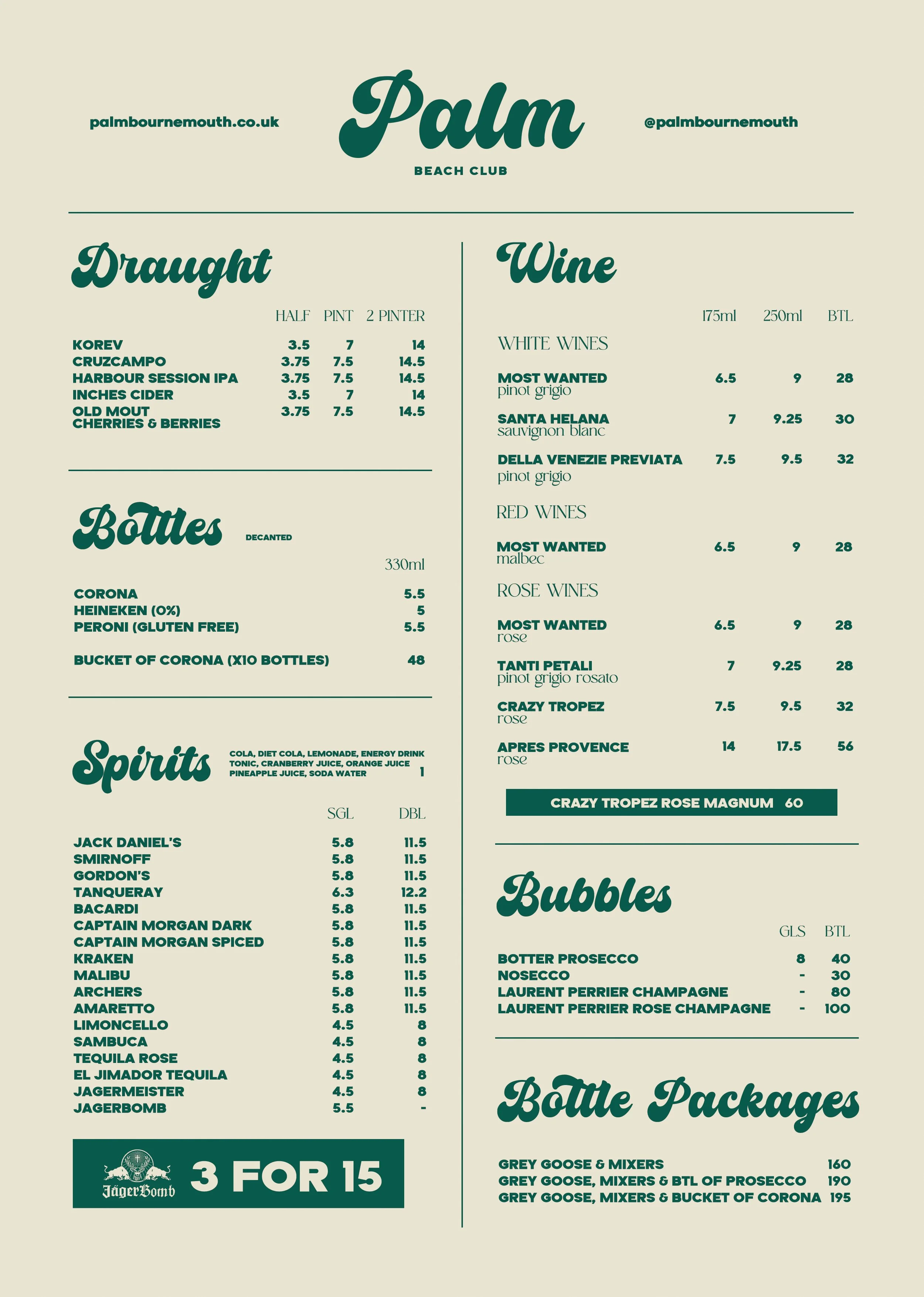 Beach club menu featuring drinks, wines, spirits, and bottle packages with prices listed in dollars.