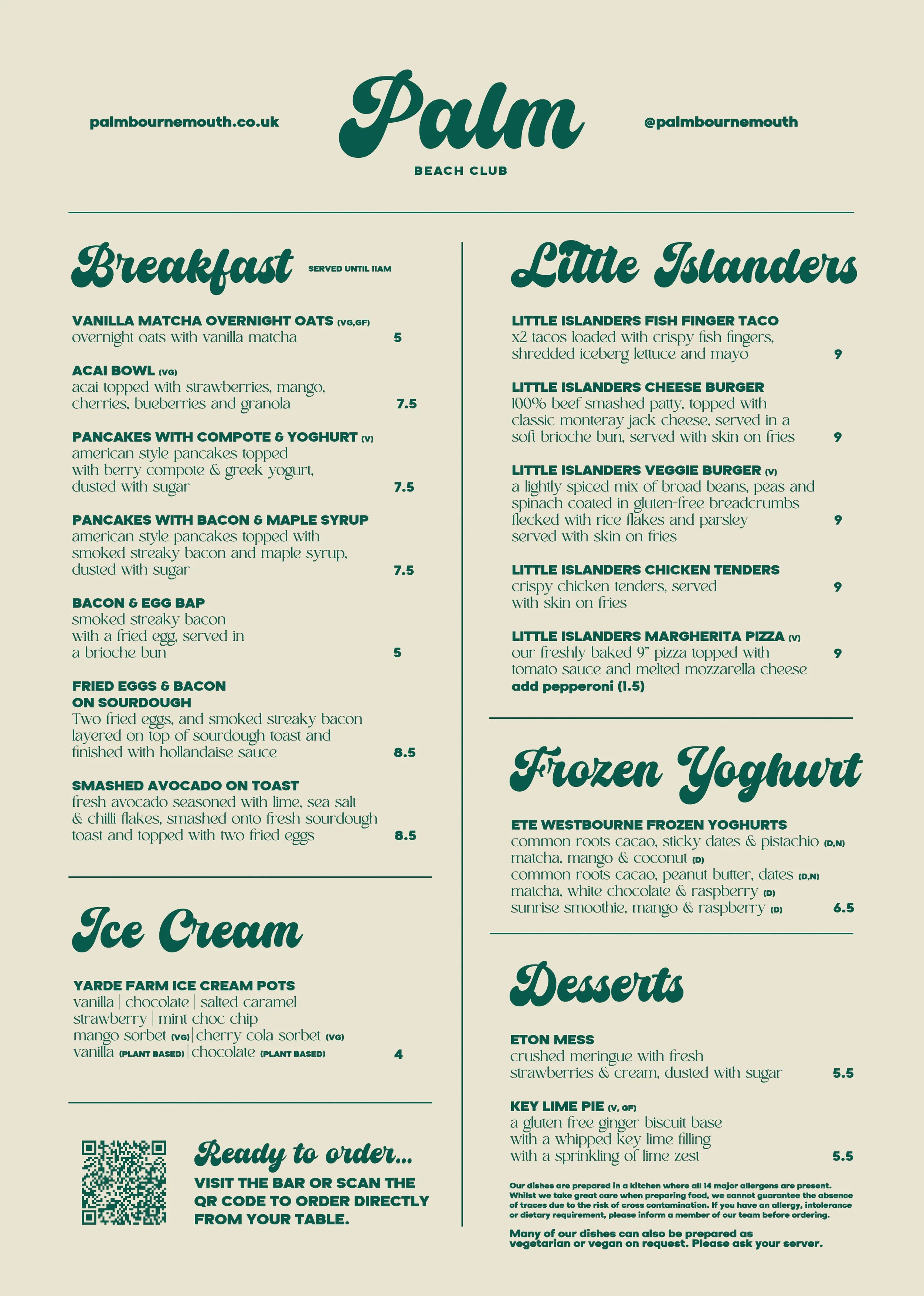 Beach club menu from Palm Beach Club with sections for breakfast, little islanders, ice cream, frozen yogurt, and desserts.