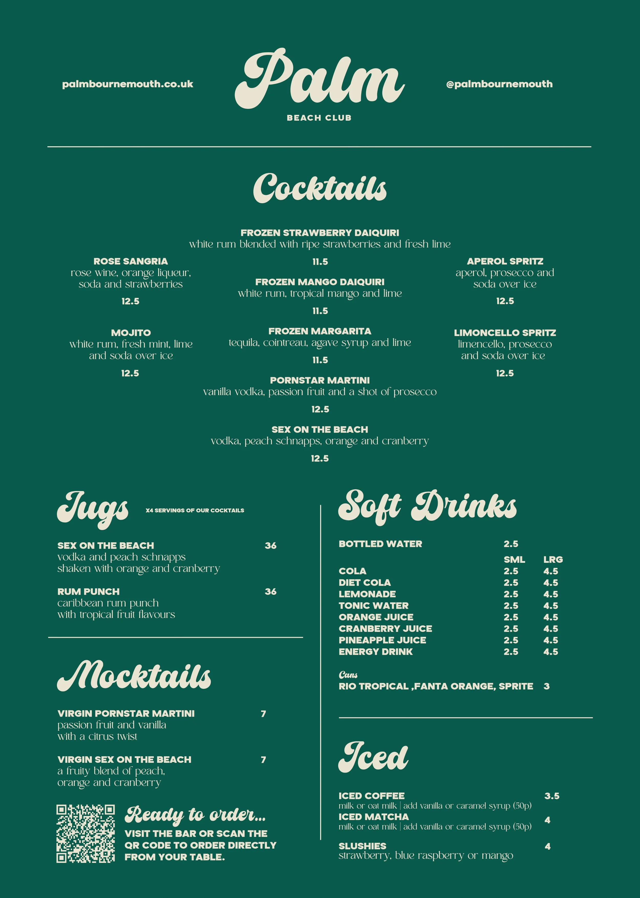 Menu for Palm Beach Club, listing various cocktails, soft drinks, mocktails, and iced drinks with prices, and a QR code to order.