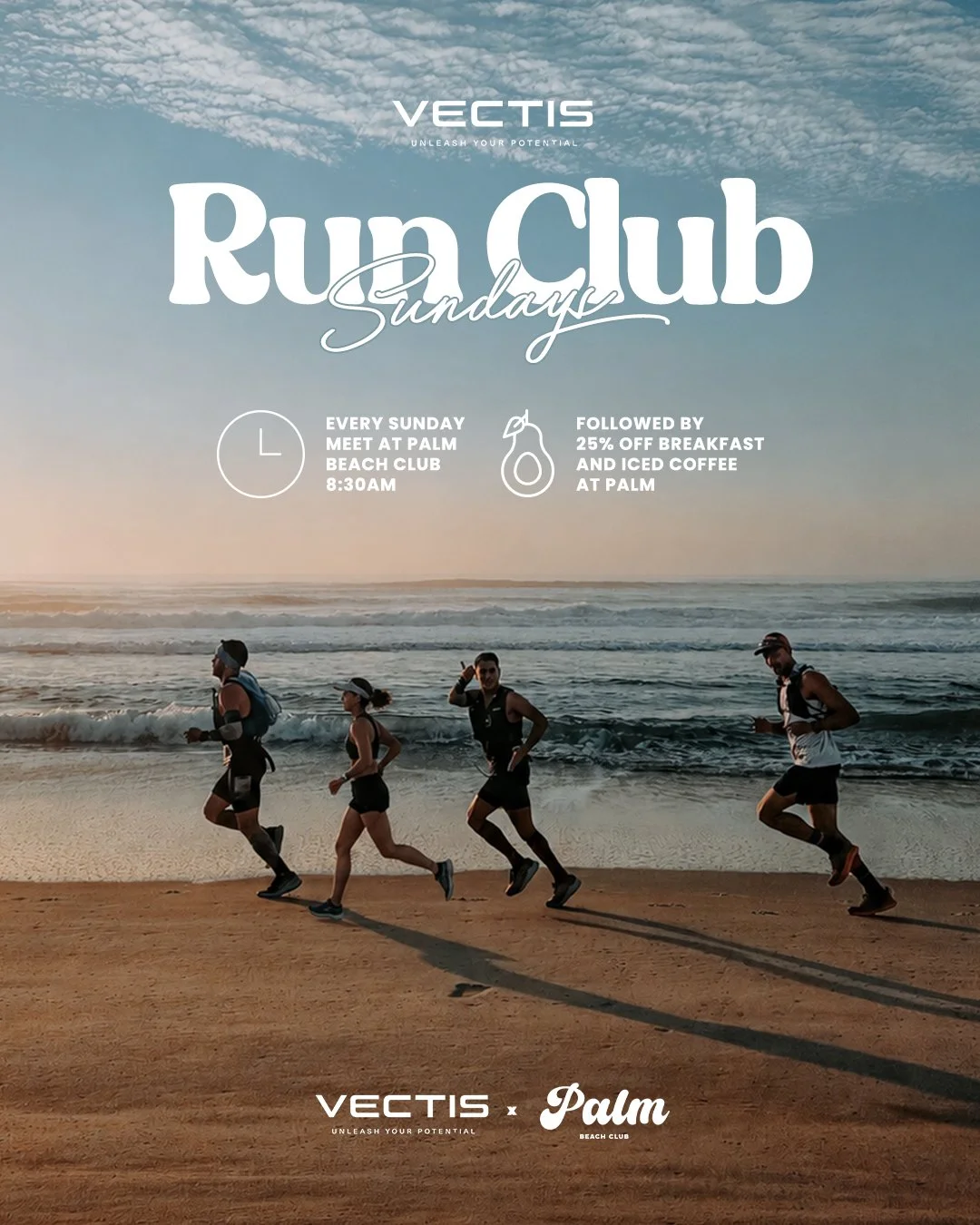Beach scene with five runners in athletic gear running along the shoreline during sunset or sunrise, with the ocean and sky in the background.