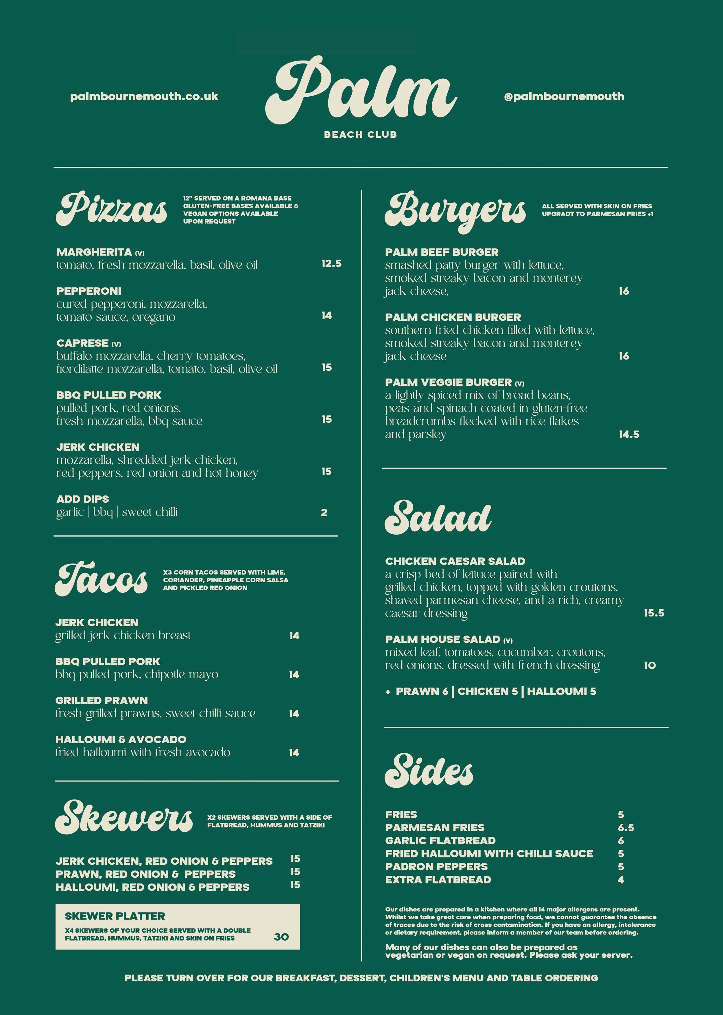 A menu for Palm Beach Club featuring sections for pizzas, burgers, salads, skewers, and sides, with various food items and prices listed.