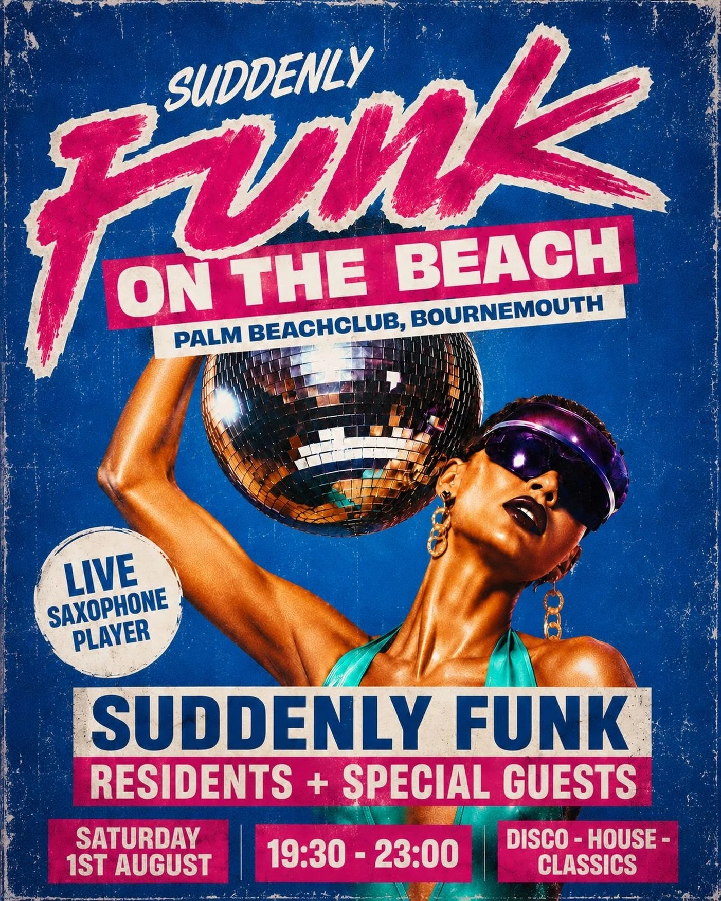 A woman with dark skin wearing purple sunglasses, gold earrings, and a turquoise top, holding a mirror ball above her head, with a blue background and colorful text about a music event.