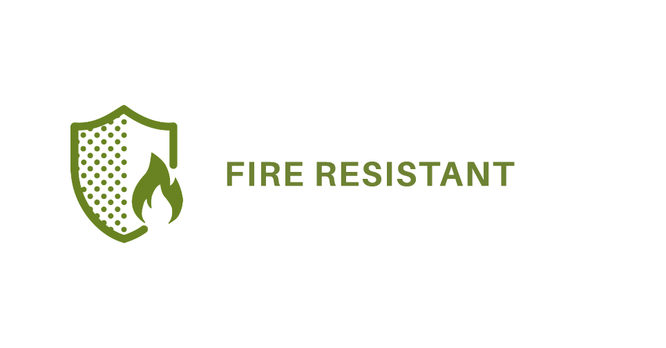 Logo featuring a shield with a flame and dots, and the words 'FIRE RESISTANT' in green.