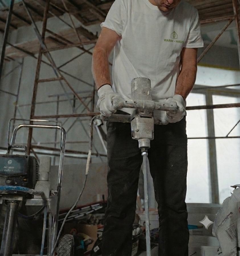 A man using a jackhammer to break concrete at a construction site.