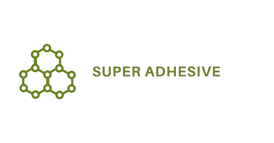 Graphic of a molecular structure next to the text 'SUPER ADHESIVE' in bold green letters.