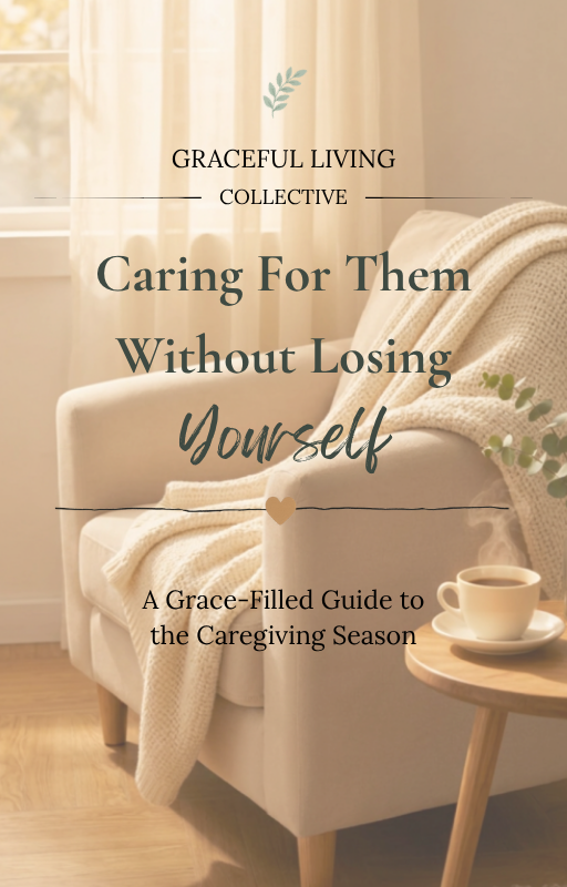 book cover of soft chair with a fluffy blanket thrown over it and a side table with a cup of tea or coffee looking out a window with the book title "Caring for them without losing yourself"