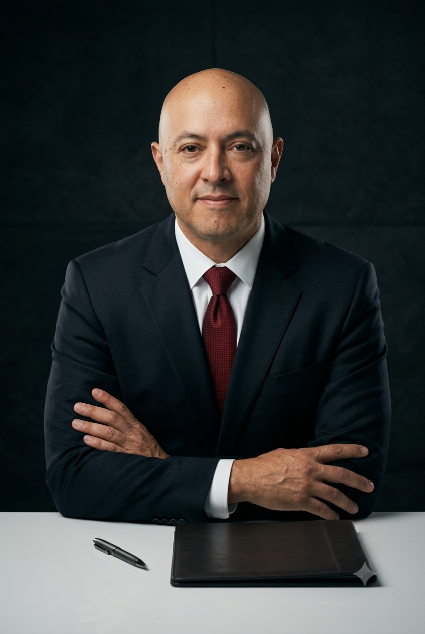 A bald man in a dark suit, white shirt, and red tie sitting at a white table with a black folder and a pen in front of him against a dark background.