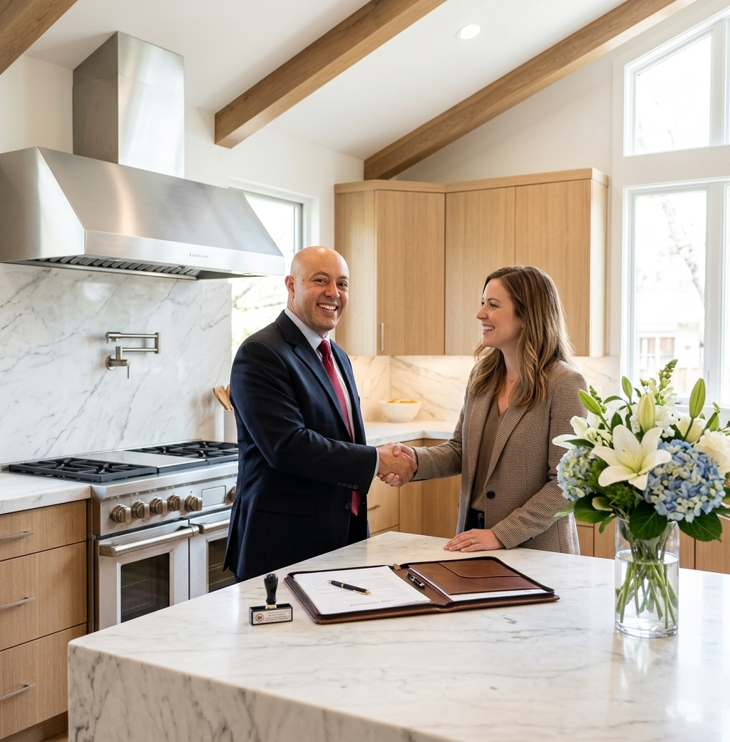 A man and woman shake hands in a modern kitchen, smiling at each other. The man wears a dark suit with a red tie, and the woman wears a beige blazer. There is a flower arrangement on the marble kitchen island, which also has a clipboard, pen, and stamp.