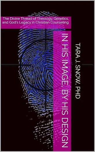 Book cover titled 'In This Image by His Design' by Tarra J. Snow, PhD, with the subtitle 'The Divine Thread of Theology, Genetics, and God's Legacy in Christian Counseling.' The cover features a fingerprint with a profile silhouette of a woman's face in the background, predominantly in black with purple and pink accents.