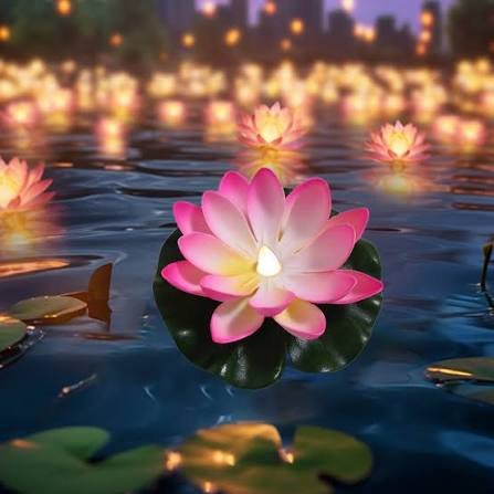 Pink water lily floating on water with illuminated floating lights in the background.
