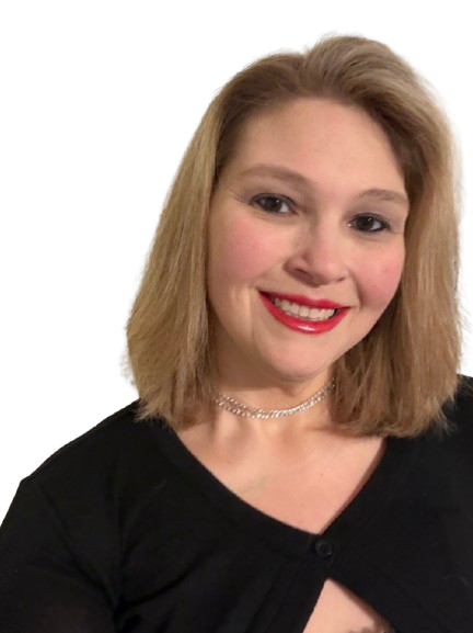 Smiling woman with shoulder-length blonde hair, red lipstick, wearing a black top and a choker necklace.