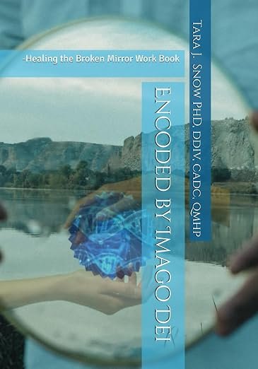 Book cover titled 'Healing the Broken Mirror Work Book' by Tara J. Snow, PhD, DDiv, QMHIP, featuring a blue theme and an image of a mirror reflecting scenic landscape.