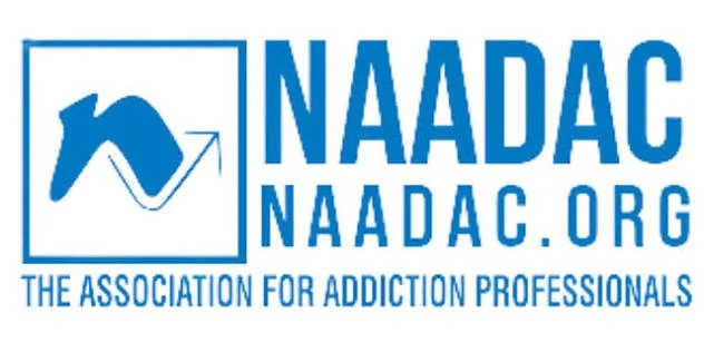 NAADAC logo with a teal square and mountain graphic, blue text reading 'NAADAC' and 'NAADAC.org', and a tagline 'The Association for Addiction Professionals'.