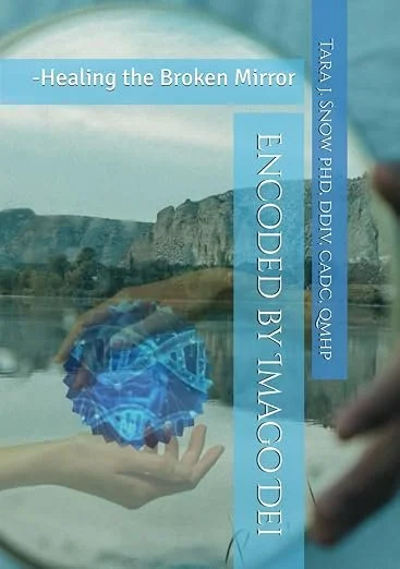 Book cover titled 'EncoDed by Imago Dei' with a mountain landscape reflecting in a mirror and a person holding a blue digital brain hologram.