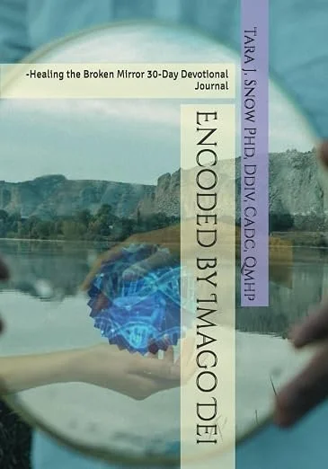 Book cover titled "Engaged by Tinago Dei" with subtitle "Healing the Broken Mirror 30-Day Devotional Journal." The cover features a scenic landscape with mountains and a body of water, and a person holding a crystal ball or sphere reflecting the scenery.