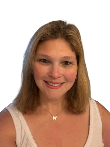 A woman with shoulder-length blonde hair smiling, wearing a white tank top and a butterfly necklace.