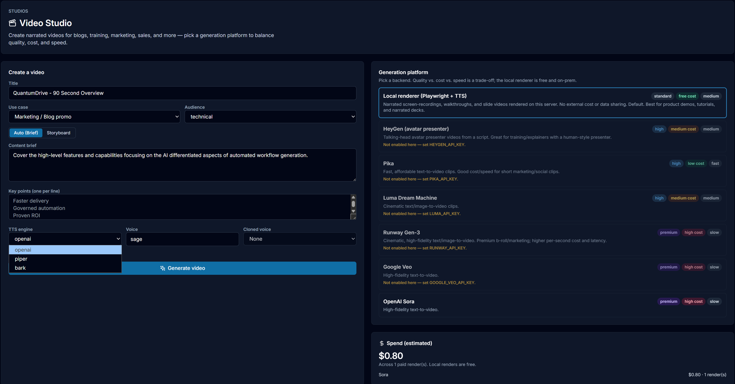 A digital interface showing a video generation dashboard with selectable models, engines, and voices.