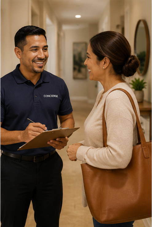 A concierge in a navy polo shirt talking to a woman with a brown leather tote bag in a hotel hallway.