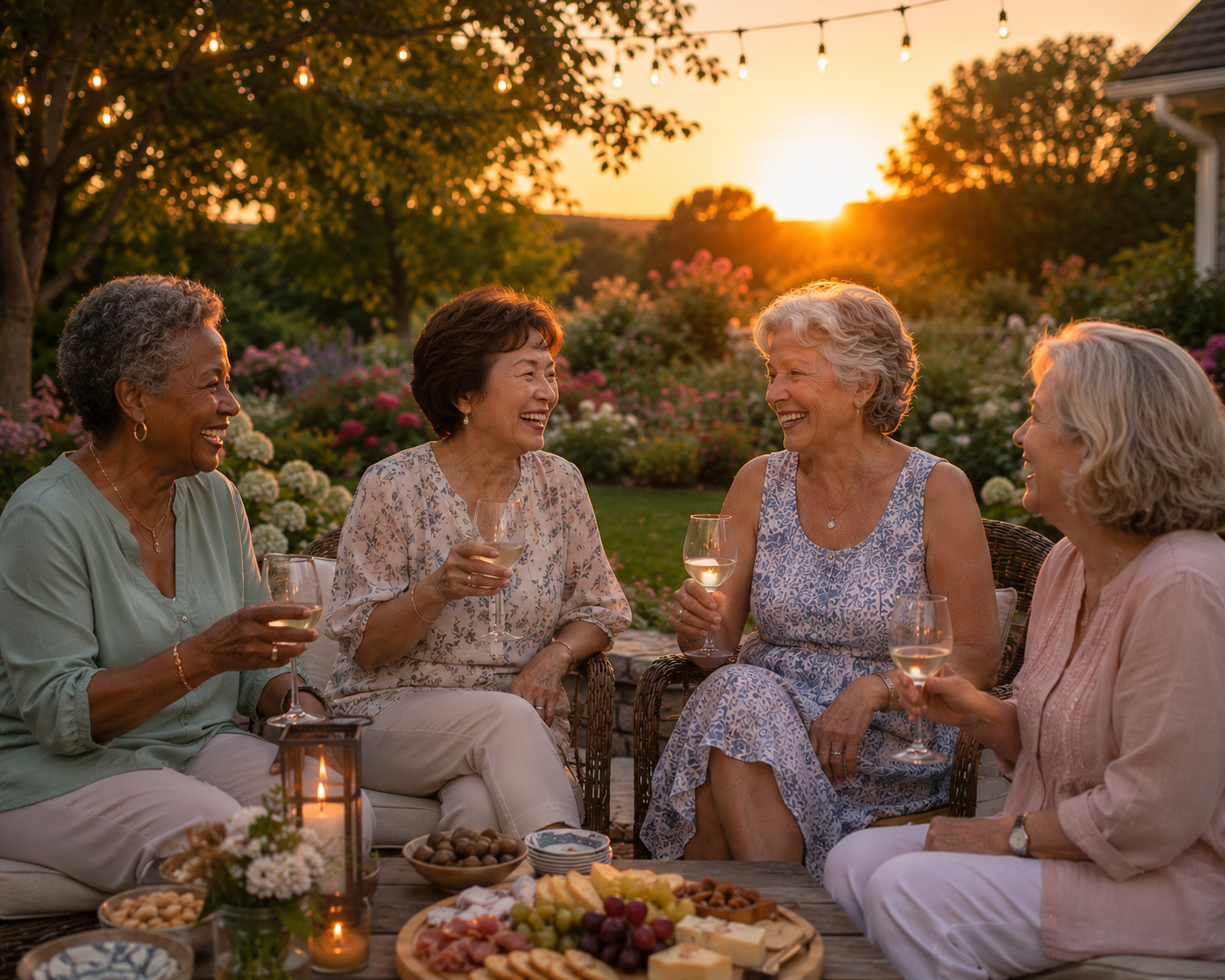 Five women enjoying wine and conversation during sunset in a garden with flowers, string lights, and a table of cheese, fruit, and snacks.