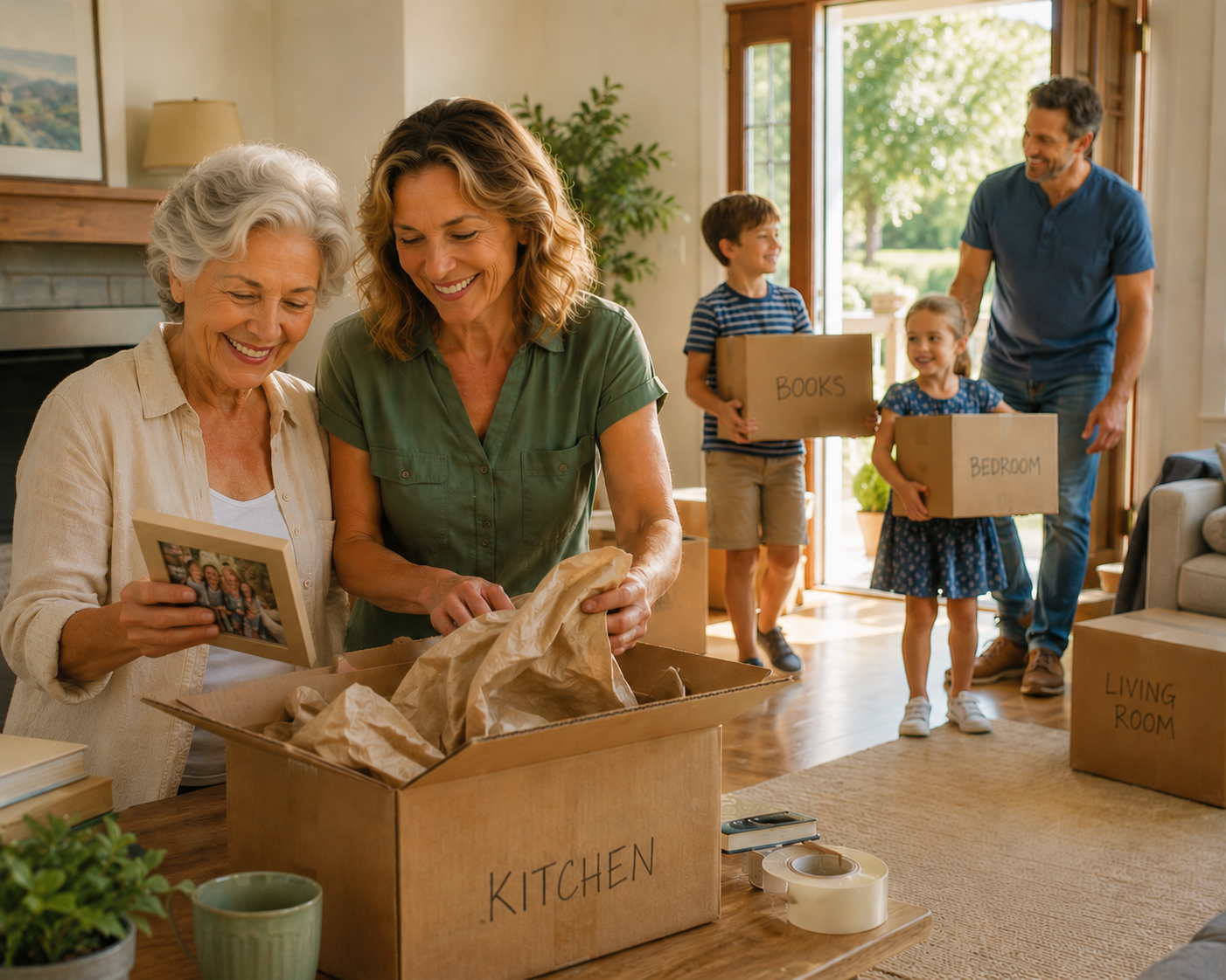 Family moving into a home, unpacking boxes with labels for different rooms, including kitchen, living room, bedroom, and books, in a bright living space.