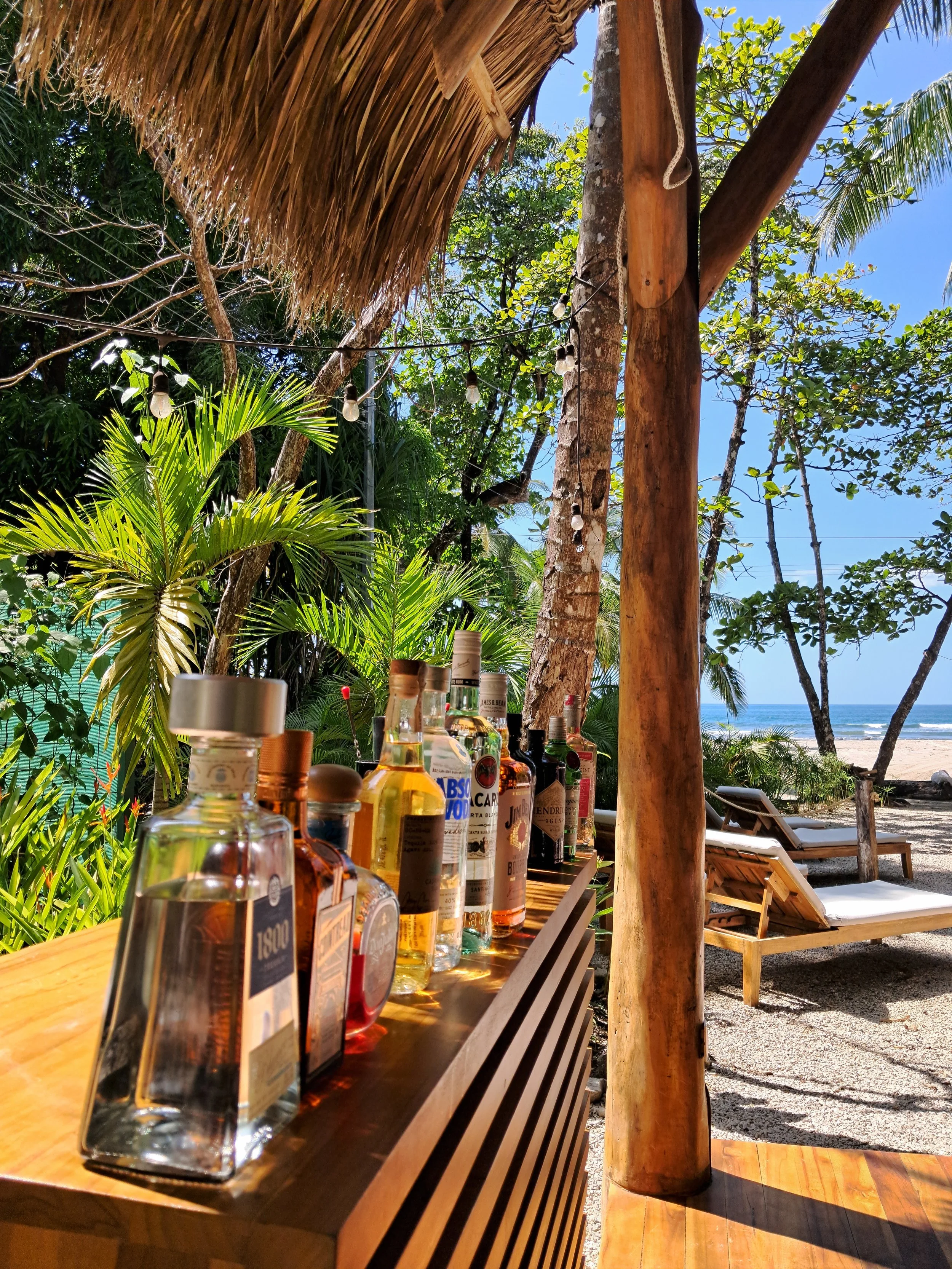 Outdoor bar with various bottles of liquor on a wooden counter, tropical trees, and a beach with lounge chairs in the background.