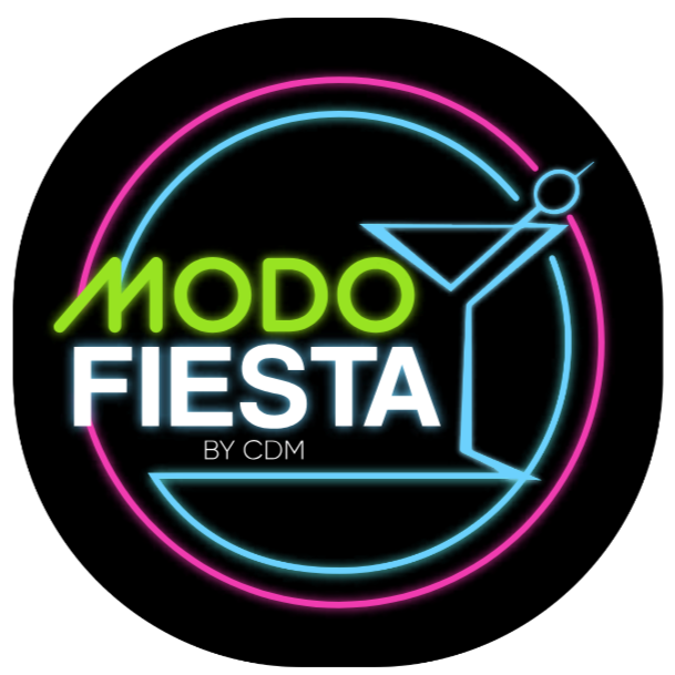 Neon sign logo for Modo Fiesta by CDM featuring a martini glass with a lime wedge on a black background.