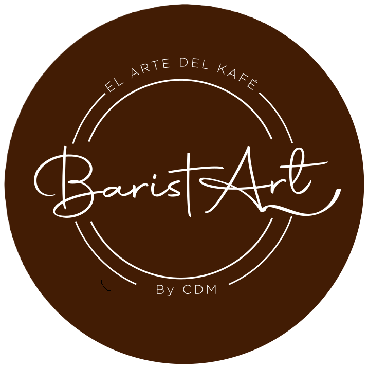 Brown circular logo with white handwritten text that says "BaristArt" in the center. Surrounding text reads "El Arte del Kafé" at the top and "By CDM" at the bottom.