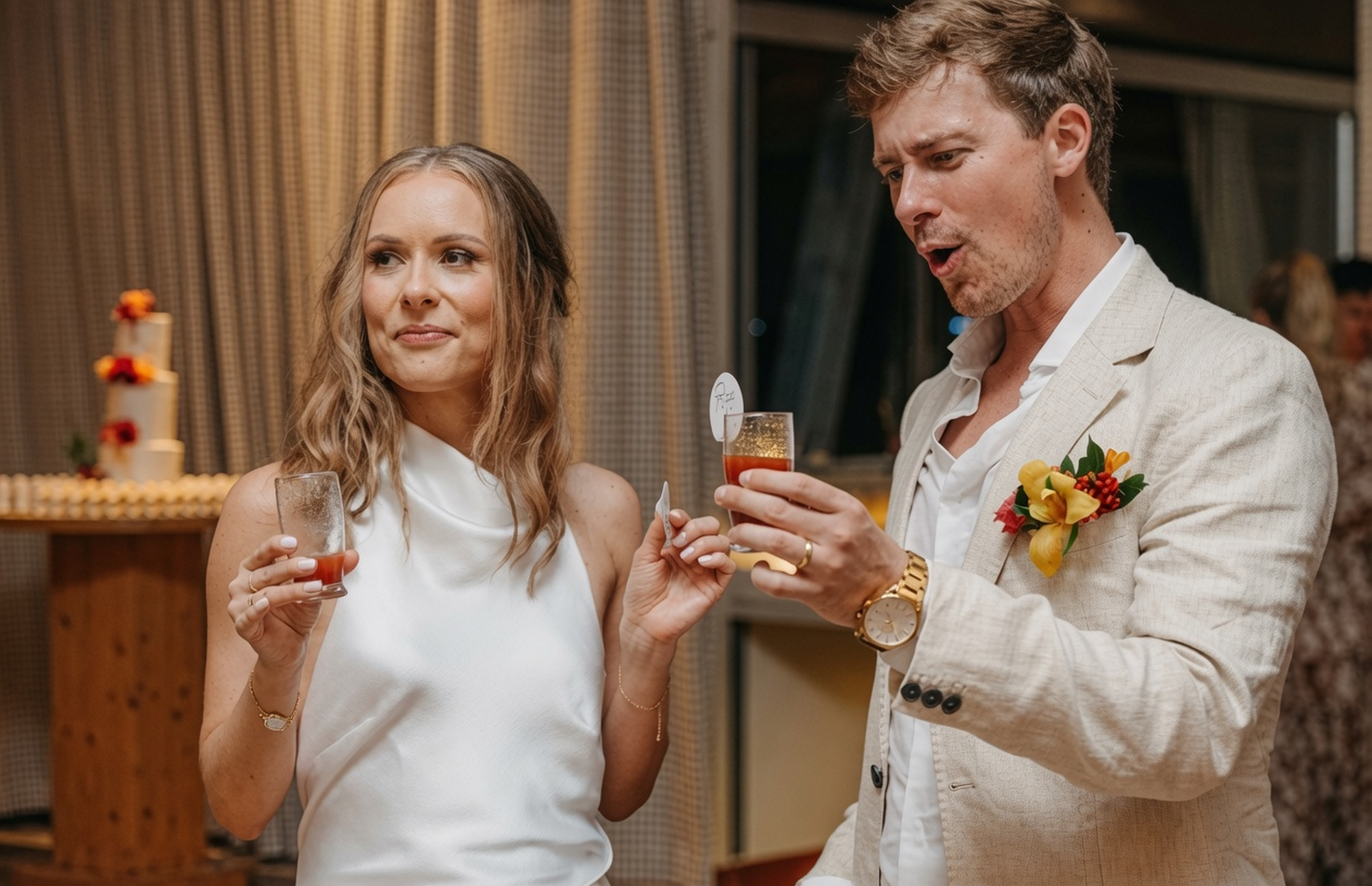 A man and woman dressed for a wedding toast, holding glasses of champagne and drinks, with the woman looking towards the camera and the man focused on his drink, in a warmly decorated indoor setting.