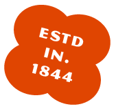 Orange cloud-shaped graphic with white text that reads "ESTD IN 1844."