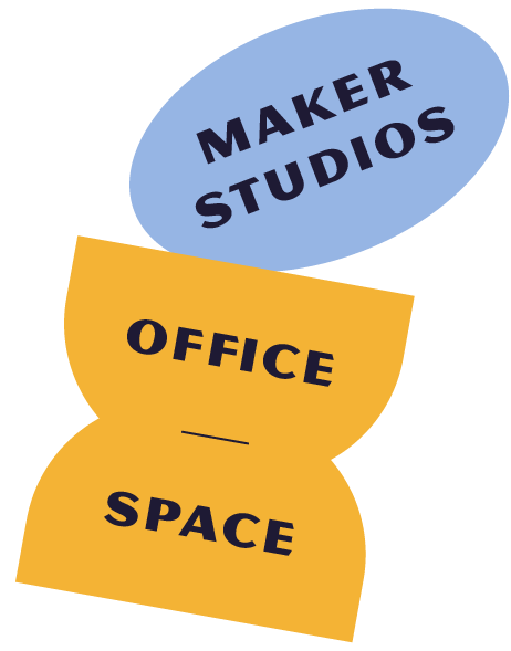 Design graphic with three shapes: an oval at the top labeled 'Maker Studios', a semi-circle labeled 'Office' in the middle, and an inverted semi-circle at the bottom labeled 'Space'.