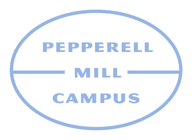 Logo of Pepperell Mill Campus with light blue text on a white background