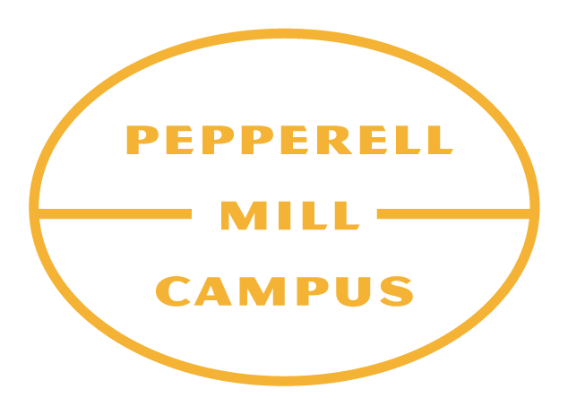 Pepperell Mill Campus logo with white background and gold oval border containing the text "PEPPERELL MILL CAMPUS" in gold