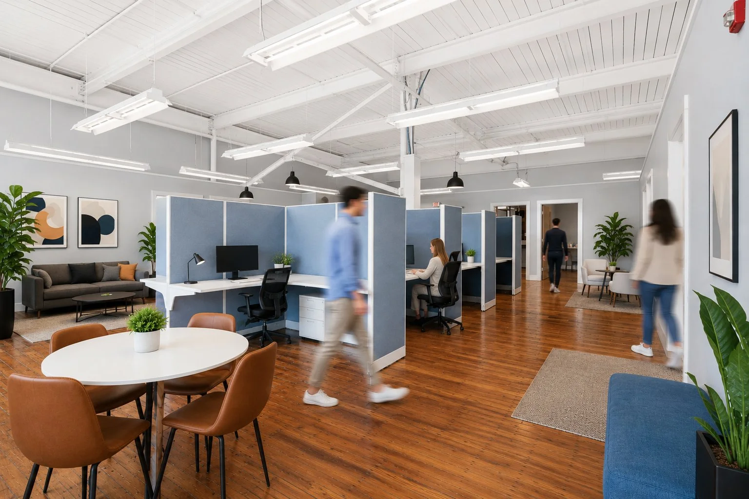 Open office with cubicles, desks, chairs, a sitting area with a sofa and framed artwork, and people walking.