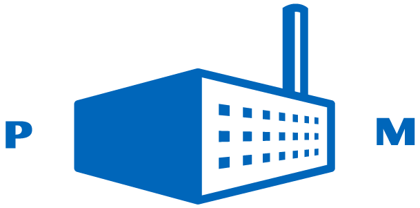 Stylized blue icon of a Pepperell Mill campus building with a smokestack in the background, and the letters P and M on either side.