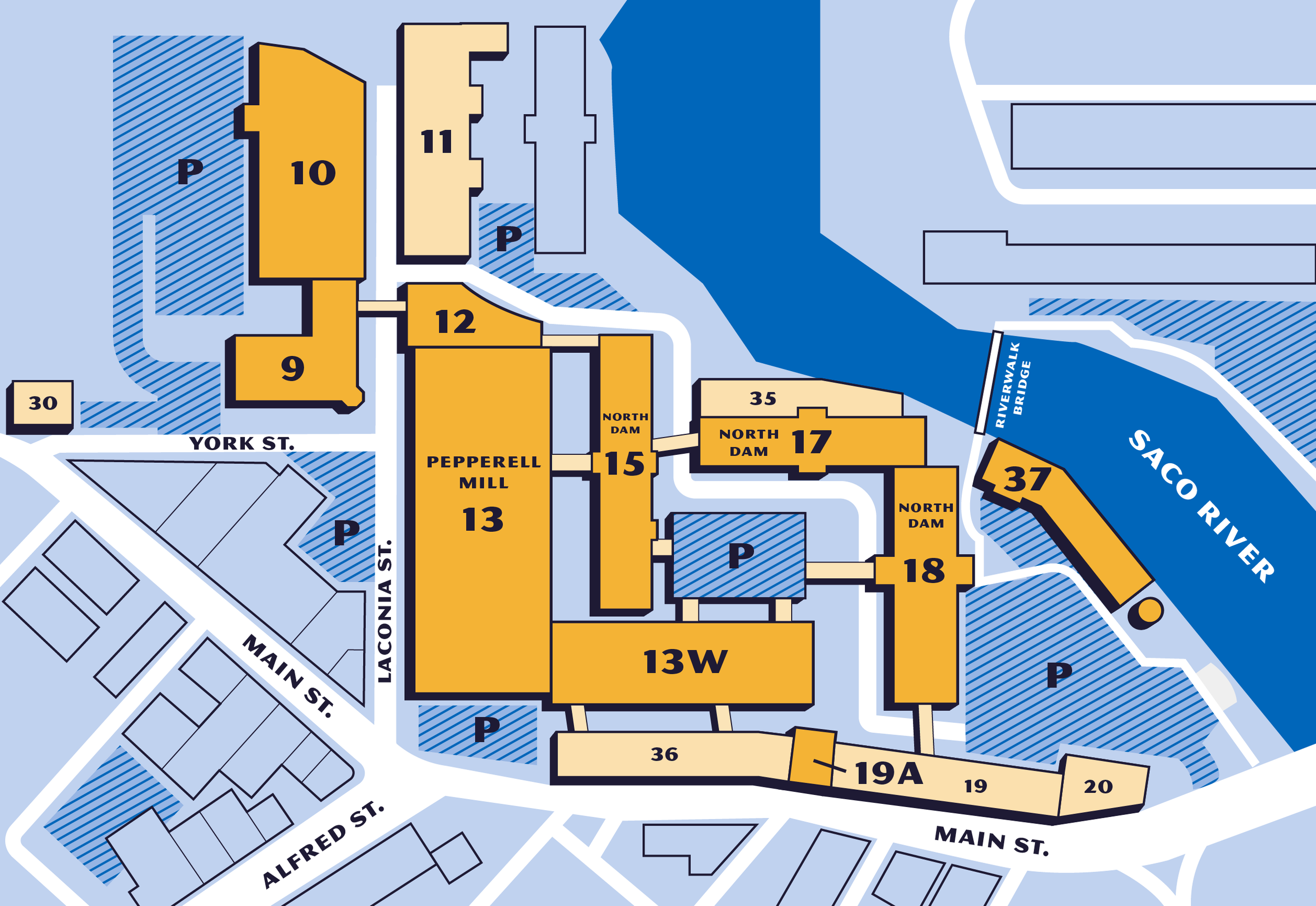 A detailed map highlighting buildings, parking areas, roads, and the river at Pepperell Mill. The river flows along the right side of the map with a riverwalk bridge connecting parts of the campus.