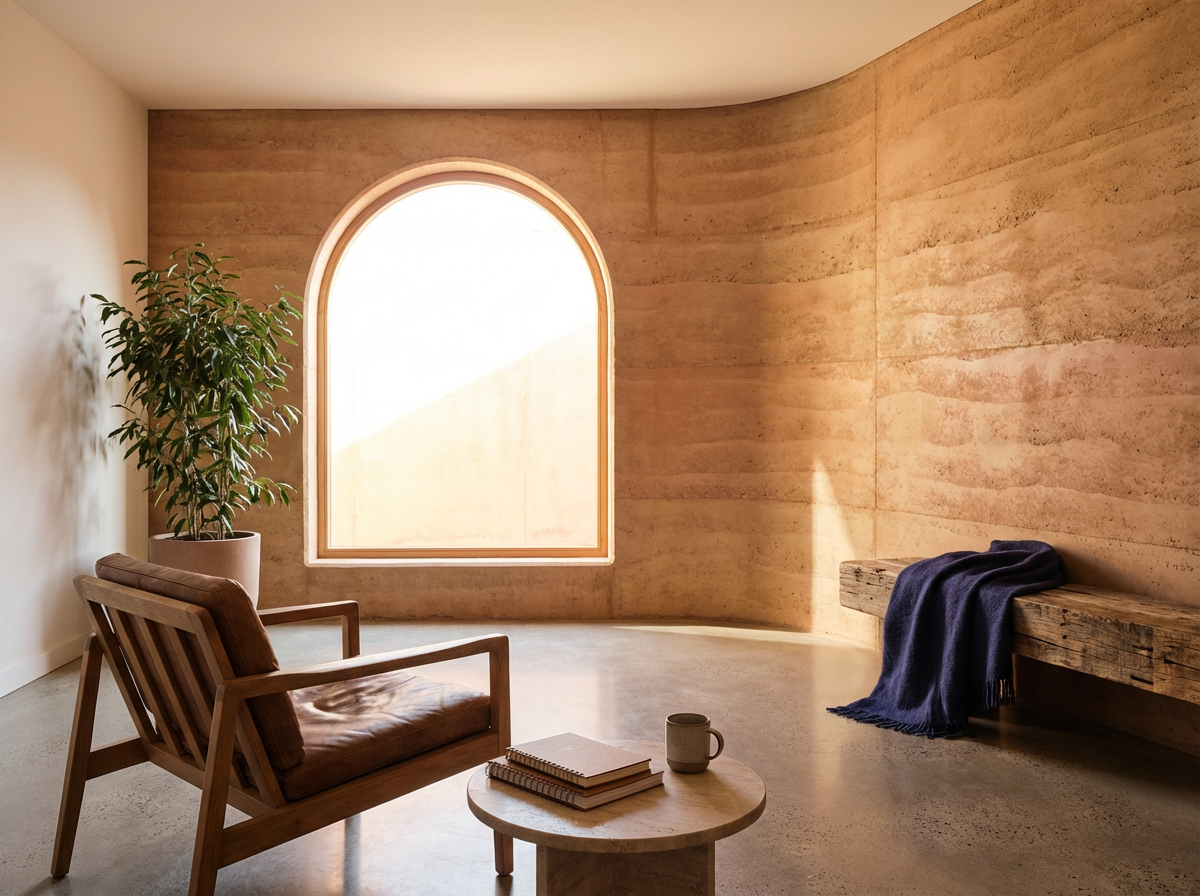 Minimalist interior room with a curved window, a potted plant, a wooden chair with leather cushion, a short round table with notebooks and a mug, and a wooden bench with a dark blue throw blanket.