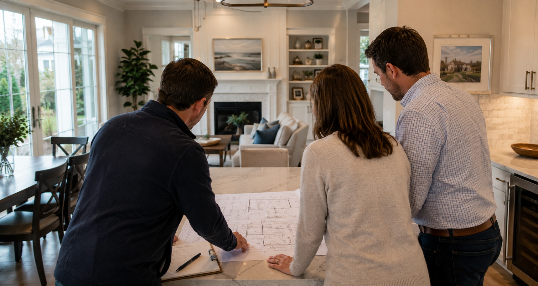 Three adults looking at a blueprint on a kitchen counter during a home tour or property viewing.