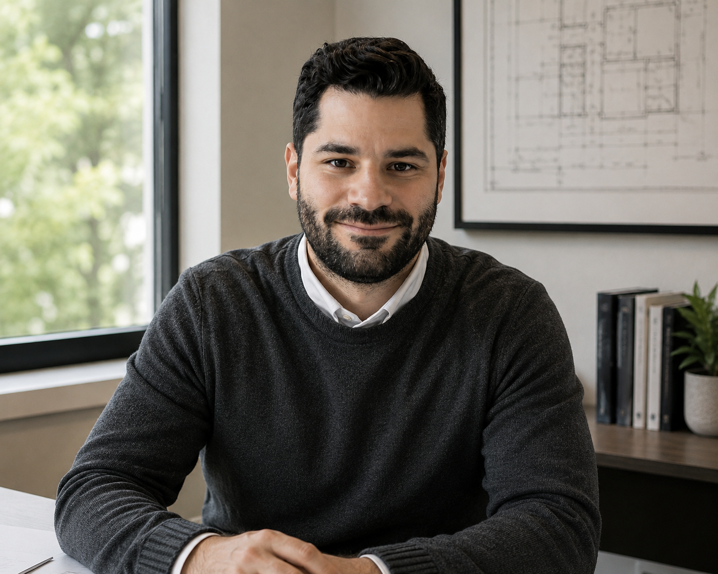 A man with dark hair and a beard, smiling at the camera, sitting at a desk in an office with a window and a framed blueprint or architectural drawing on the wall behind him.
