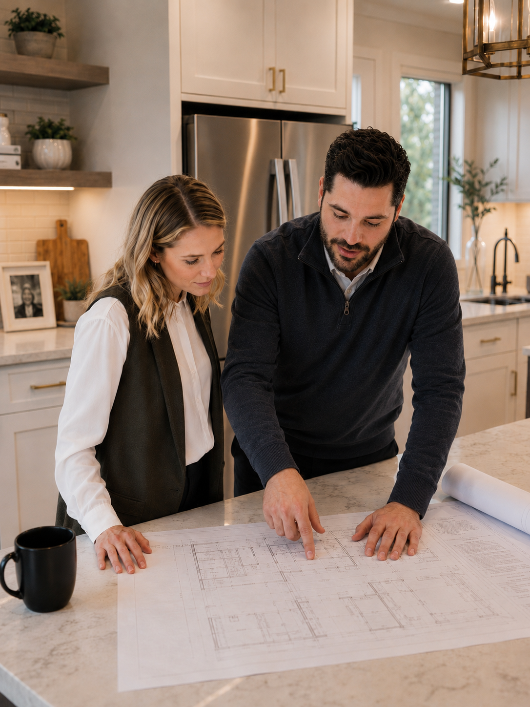 A man and woman looking at blueprints on a kitchen island, with the man pointing at the plans. The kitchen has white cabinets, a stainless steel refrigerator, and decorative plants.