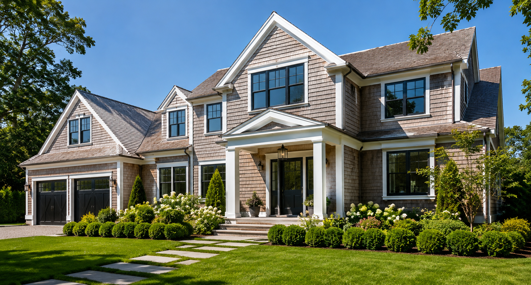 Large two-story house with a front porch, surrounded by landscaping and a green lawn, under a clear blue sky.