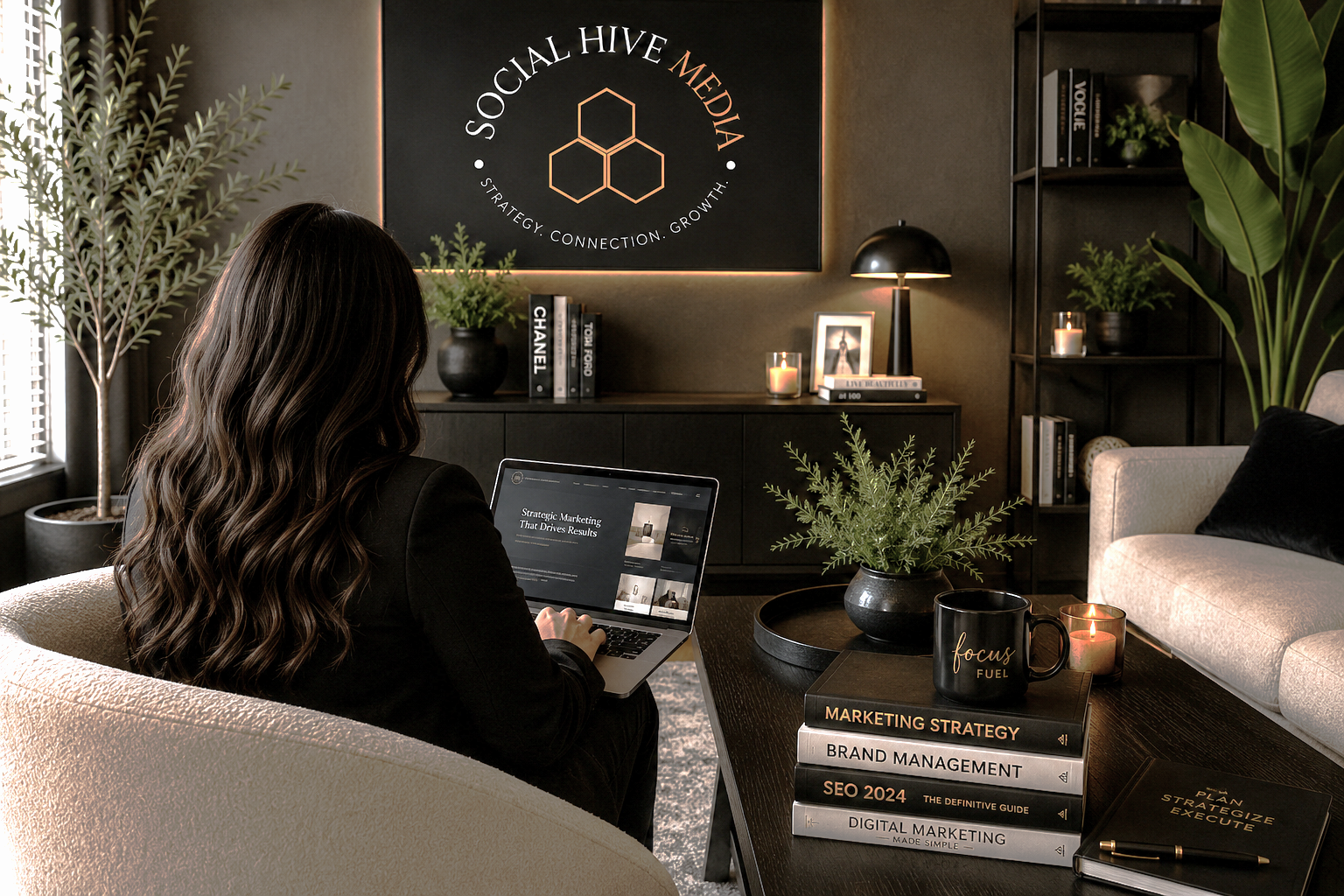 A woman sitting on a beige sofa working on a laptop in a modern, cozy living room with large plants, candles, and a black wall with a sign reading "Social Hive Media".
