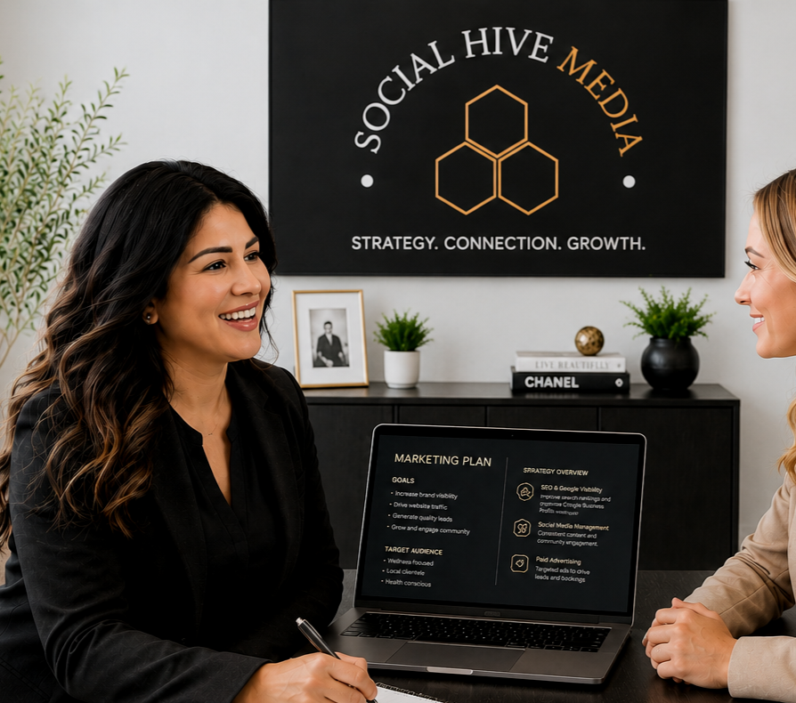 Marketing consultant discussing SEO, social media, and business growth strategies with a small business client.