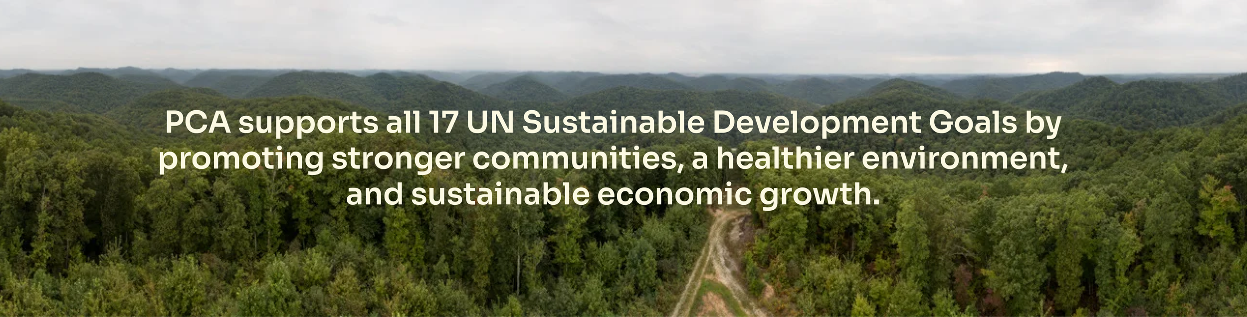 Aerial view of a green forested landscape with rolling hills under a cloudy sky, overlaid with text about PCA supporting UN Sustainable Development Goals.